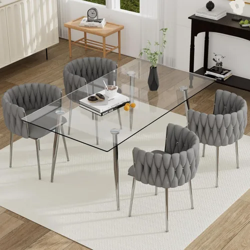 Vista 45 de Juego de mesa de comedor de cristal plateado para 2, juego de mesa cuadrada de lujo moderno de 36 pulgadas, juego de mesa de cocina minimalista de 3