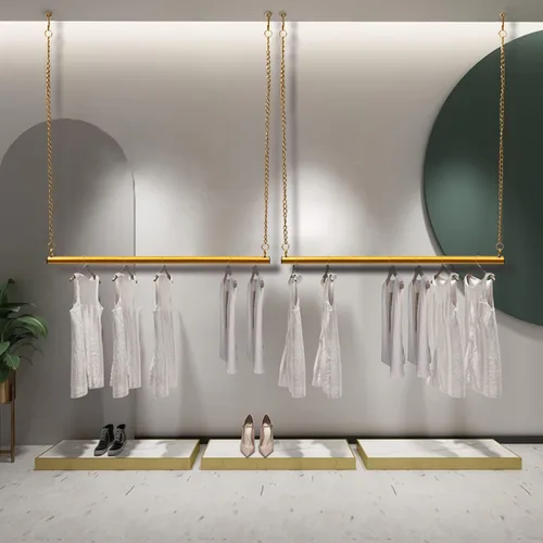 Vista 14 de 2 unidades, 24 estantes de ropa colgantes para boutique, altura ajustable, perchero de metal para vestidos de boda, estante de ropa dorado, colgador