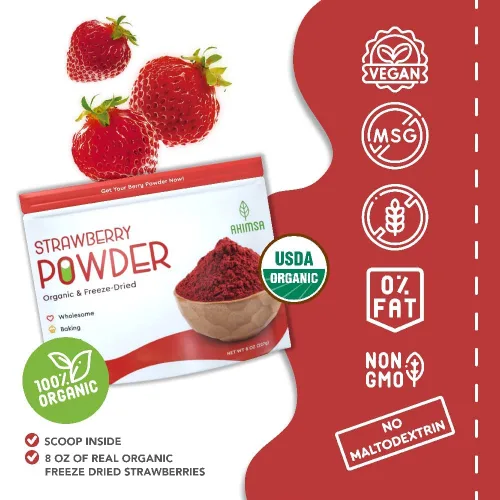 Vista 3 de Polvo de fresa liofilizado orgánico de 8 onzas Certificado USDA Alimentos vitamínicos veganos Polvo de frutas orgánicas naturales