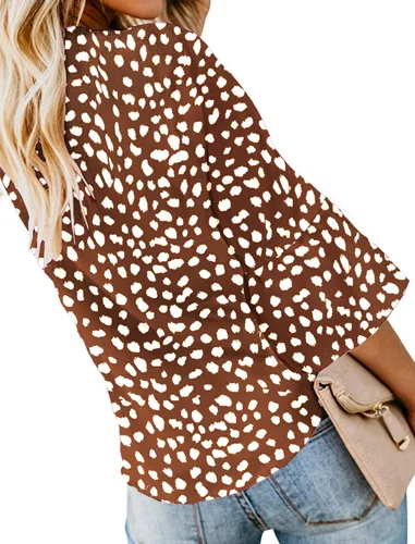 Vista 2 de Kancystore - Blusa de gasa con botones, para mujer, con cuello en V, lazo frontal, manga de 34 y estilo informal