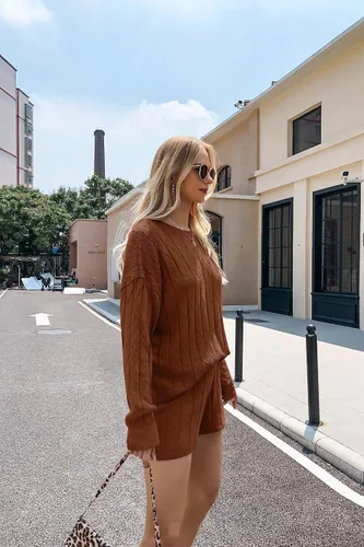 Vista 4 de Ekouaer Conjunto de 2 piezas de suéter de manga larga y pantalones cortos para mujer
