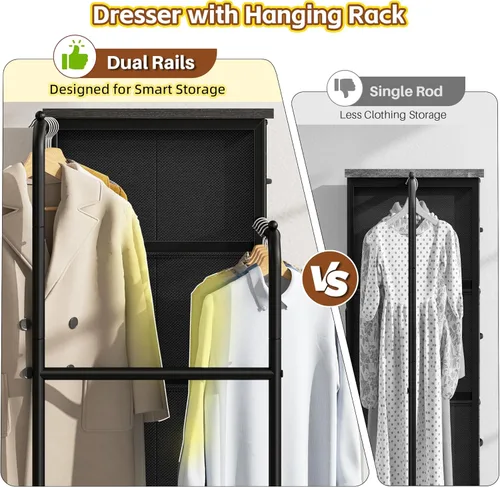 Vista 3 de Romorgniz Cómoda 3 en 1 con estante para colgar, 4 cajones de tela con doble perchero y ruedas, organizador alto de armario para dormitorio, Negro