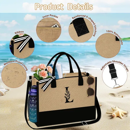 Vista 4 de AUNOOL Initial Tote Bag and Makeup Bag Canvas Beach Bag Personalized Birthday Gifts Bridesmaid Gifts