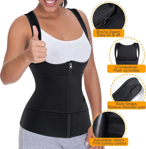 Vista 3 de GAODI - Chaleco de entrenamiento de cintura para mujer, corsé delgado, de neopreno, camiseta sin mangas con cremallera, camiseta moldeadora