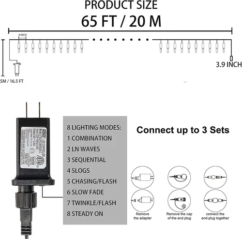 Vista 3 de Dazzle Bright 200 mini luces LED de Navidad, 65 pies, conectables, impermeables, 8 modos de luces de hadas para interiores y exteriores, patio