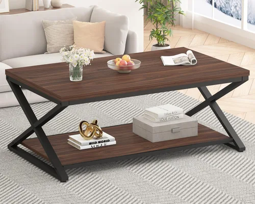 Vista 13 de HSH Mesa de sala de estar de madera de metal minimalista moderna negra con estante de almacenamiento, mesa central rectangular de 39 pulgadas y 2