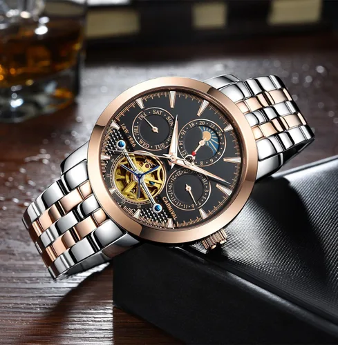 Vista 3 de PASOY Reloj de Hombre Automático Mecánico Tourbillon Acero Inoxidable Stell Fecha Dial Azul Reloj Esqueleto