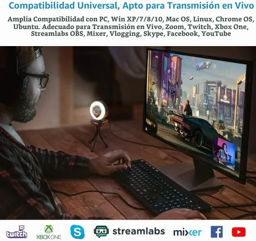 Vista 7 de Cámara web para computadora 1080P con micrófono doble, luz derecha ajustable, cámara web para PC, enfoque automático avanzado con trípode, cámara