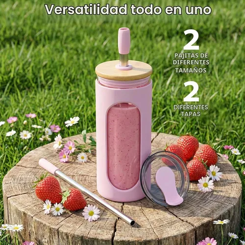 Vista 2 de Sursip - Vaso de vidrio de 20 oz con tapas y popotes, taza de café helado reutilizable de vidrio de borosilicato con tapa de bambú para batido, jugo