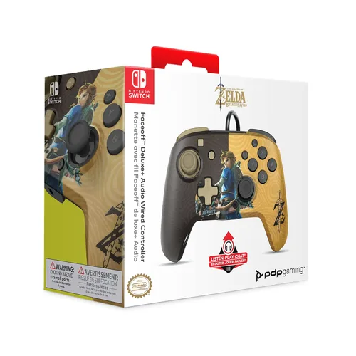 Vista 2 de PDP Gaming Faceoff Deluxe+ Wired Switch Pro Controller - Zelda Breath of the Wild - Link - Gold Black - Official Licensed Nintendo - Customizable