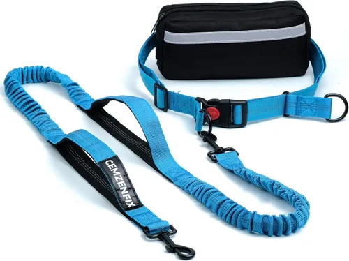 Vista 17 de Correa de perro manos libres con cinturón – Bungee sin tirones, asas acolchadas dobles y bolsa con cremallera para correr, caminar y entrenar
