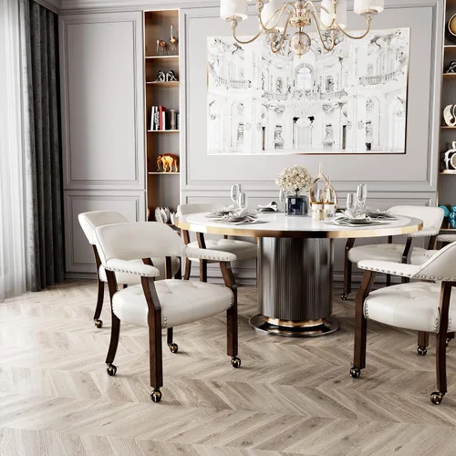 Vista 5 de LEEMTORIG Sillas de comedor con ruedas y brazos, sillas de comedor con ruedas, sillas de mesa de póquer de acento, sillas de madera maciza