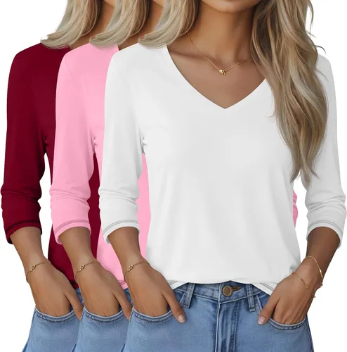 Vista 9 de Ficerd Paquete de 3 camisetas de manga 3/4 para mujer, cuello en V, blusas holgadas, blusas casuales, ropa de moda 2026