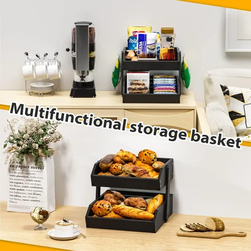 Vista 6 de Gmtsl Cesta de frutas de bambú para cocina, frutero de 2 niveles para encimera de cocina, soporte grande para frutas con 2 ganchos para plátanos