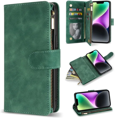 Vista 28 de ZZXX Funda tipo cartera para iPhone 14 Plus con [Bloqueo RFID] Ranura para tarjetas Cuero PU suave premium con cremallera tipo folio plegable