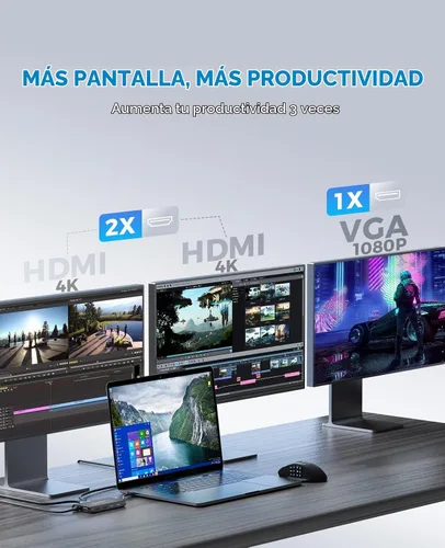 Vista 2 de UtechSmart Estación de Acoplamiento para Laptop con Triple Monitor USB-C - Muelle de 11-en-1 con 2 HDMI, VGA, PD3.0, Ranura para Tarjeta SD/TF, 4