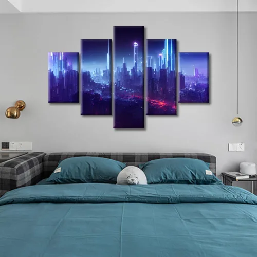 Vista 228 de Cuadros de 5 paneles de Cyberpunk City, arte de pared, representación de vallas publicitarias, edificios modernos en la capital con obras de arte