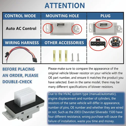 Vista 5 de 1581773 Kit de resistencia del motor del ventilador de HVAC con arnés para control automático de CA Compatible con Chevy Chevrolet Tahoe Silverado