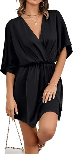 Vista 5 de LYANER Minivestido elegante de satén con cuello en V y volantes para mujer