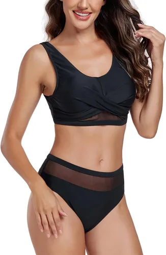 Vista 4 de Fanuerg Conjunto de bikini de cintura alta para mujer, traje de baño de dos piezas con malla frontal