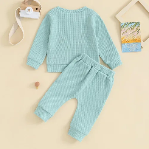Vista 2 de KOSUSANILL Ropa deportiva de punto gofre para bebé, niña, niño, 6, 12, 18, 24 meses, 3T, cuello redondo, pantalones deportivos para otoño e invierno