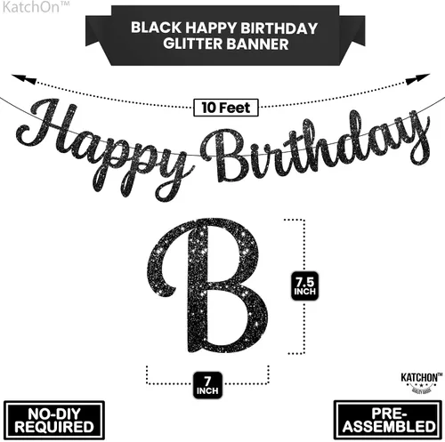 Vista 2 de KatchOn Cartel de feliz cumpleaños cursivo negro con purpurina, pre-encordado, 10 pies, cartel de feliz cumpleaños para mujeres, hombres, niños