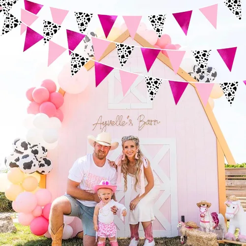 Vista 4 de Decoraciones de fiesta de vaquera de 32 pies con estampado de vaca rosa intenso, bandera triangular, banderines de tela, banderines para vaqueras