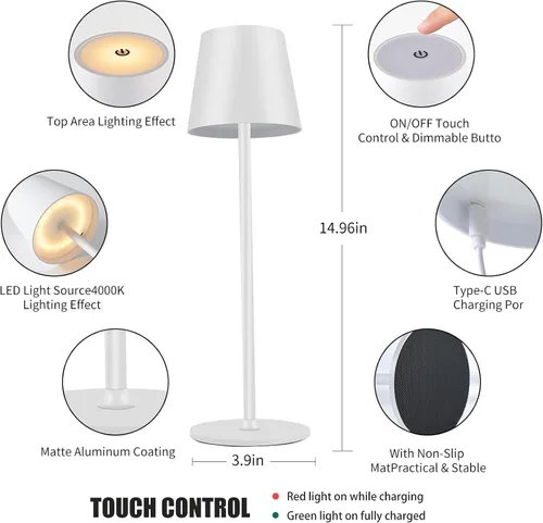 Vista 5 de BGFHome Paquete de 2 Lámpara de Mesa Inalámbrica Lámpara LED de Escritorio, 5000mAh Luz Nocturna Táctil Recargable Inalámbrica Diseño Minimalista
