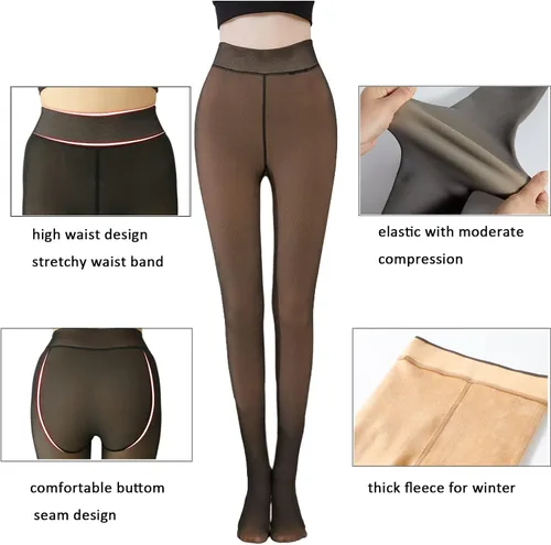 Vista 3 de Mallas de invierno para mujer mallas de forro polar falso mallas opacas con forro polar mallas térmicas transparentes falsas Negro