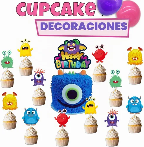 Vista 6 de Suministros de fiesta de monstruos, decoraciones de cumpleaños de monstruo: globos de monstruo, platos de papel, servilletas, tazas, cupcakes