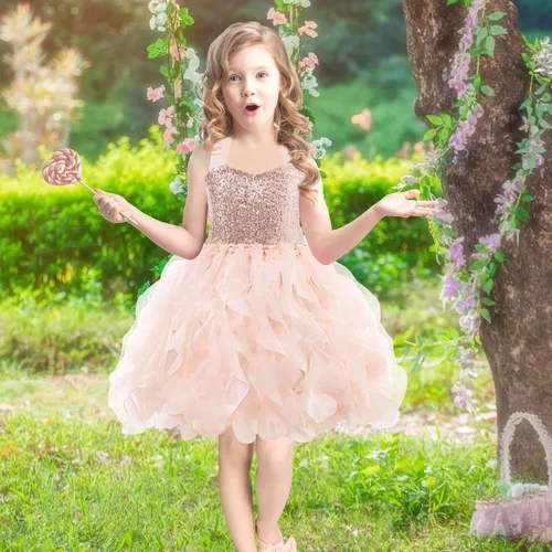 Vista 3 de Vestido tutú para niñas, traje de cumpleaños, vestido de fiesta de tul con lentejuelas brillantes para niñas, baile de graduación, tenis, concurso