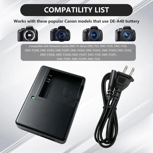 Vista 5 de DE-A40 DE-A40B Cargador de batería compatible con cámara Panasonic LUMIX DeA40 CGA-S008 S008E DMW-BCE10 BCE10 DMC-FS3 FS5 FS20 FX38 FX3 Adaptador