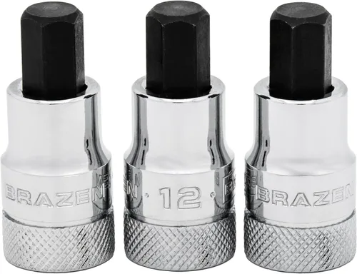 Vista 46 de BRAZEN Juego de Tres Vasos Hexagonales de 1/4"/Destornillador Allen (Carraca de 3/8", Corto)
