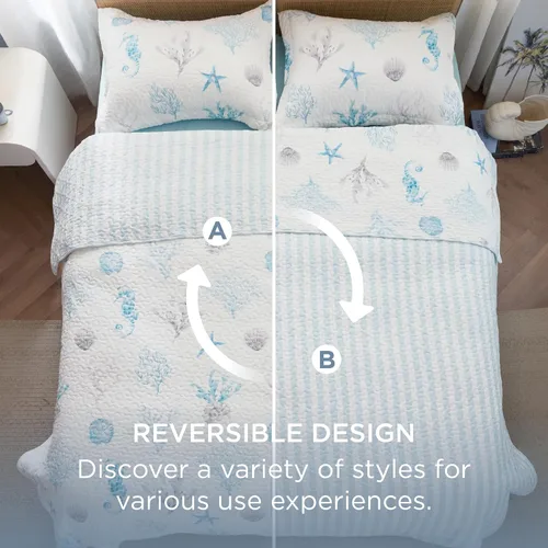 Vista 3 de Bedsure Colcha costera tamaño Queen – Ropa de cama reversible de verano y playa, colcha ligera de microfibra, colcha azul y blanca para todas