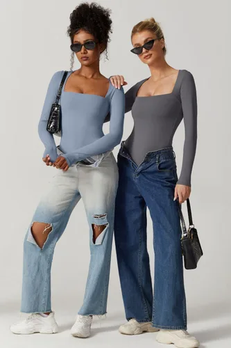 Vista 5 de QINSEN Body sexy de manga larga con cuello cuadrado para mujer