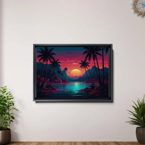 Vista 7 de Neon Sunset Vibes Florida Synthwave Sunset Framed Canvas Print, Retro Miami Style Wall Art, Canvas, Decor