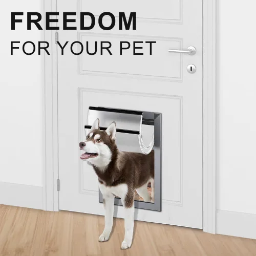 Vista 2 de Rescumascer - Puerta grande de aluminio para perro, puerta para perros con dos paneles de bloqueo deslizantes, puerta para mascotas para perros