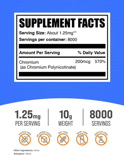 Vista 2 de BulkSupplements. com Cromo GTF Polvo - Policotinato de cromo - Sin gluten y sin levadura, 1.25mg por porción (200mcg), 10g (0.35 oz) (paquete de 1)