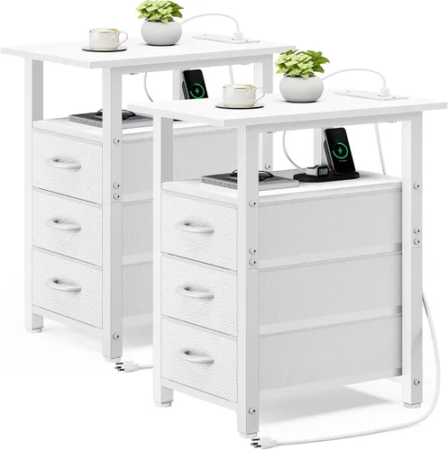 Vista 23 de Vagusicc Mesita de noche negra con estación de carga y luces LED, mesa auxiliar estrecha, mesita de noche LED con 3 cajones de tela para dormitorio