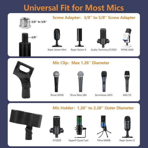 Vista 4 de Soporte de micrófono de escritorio para grabación de podcasts, soporte de micrófono ajustable de altura de 9-16.5 pulgadas para escritorio con base