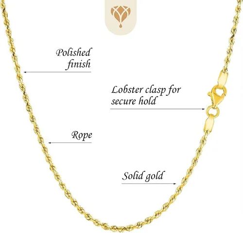 Vista 3 de The Diamond Deal 10k REAL Yellow Gold 2.5mm Shiny Hollow Rope Chain Necklace for Pendants and Charms with Lobster-Claw Clasp