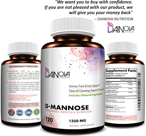 Vista 6 de Dainova D Manosa 1350mg con cápsulas de D-manosa de arándano I para prevención de infecciones urinarias, apoyo del tracto urinario, salud del tracto