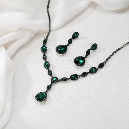 Vista 4 de EleQueen - Conjuntos de joyería con aretes colgantes de circonia cúbica en forma de lágrima con collar en Y para mujeres, damas de honor, novias