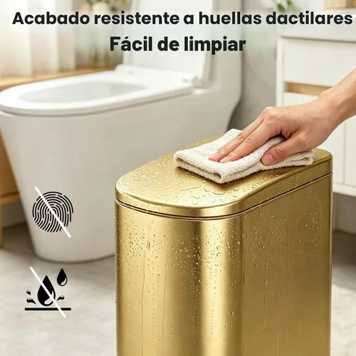 Vista 6 de SYNCVIBE Cubo de basura delgado para baño con tapa de cierre suave, de acero inoxidable, con cubo interior extraíble para dormitorio, oficina Dorado