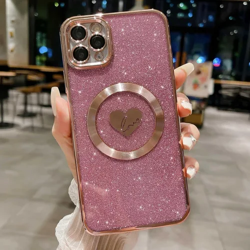 Vista 6 de Funda compatible con iPhone 11 Pro Max de 6.5 pulgadas con Magsafe, funda magnética de corazón chapado con purpurina para mujeres y niñas