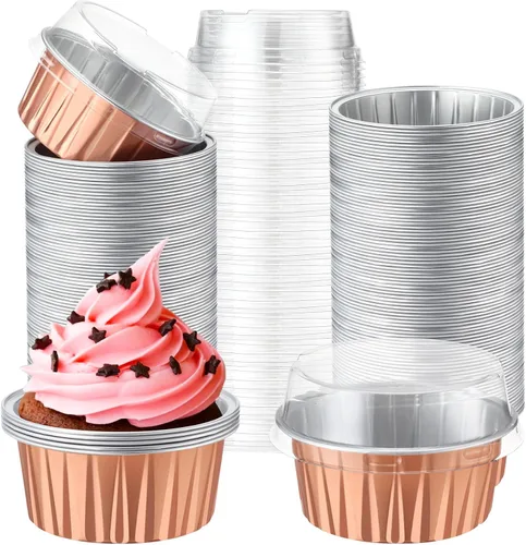 Vista 15 de Paquete de 200 forros de aluminio para cupcakes con tapas, color negro, liso 5 oz Round Baking Cup, Disposable Ramekin Container, Wedding