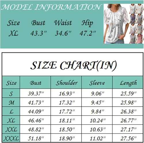 Vista 4 de Camisetas de manga corta para mujer, blusas de cuello redondo de manga corta con estampado de encaje plisado