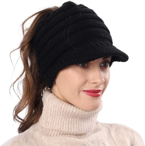 Vista 2 de FORBUSITE Gorro de punto cálido para mujer con diseño de cola de caballo para coleta, gorro B085