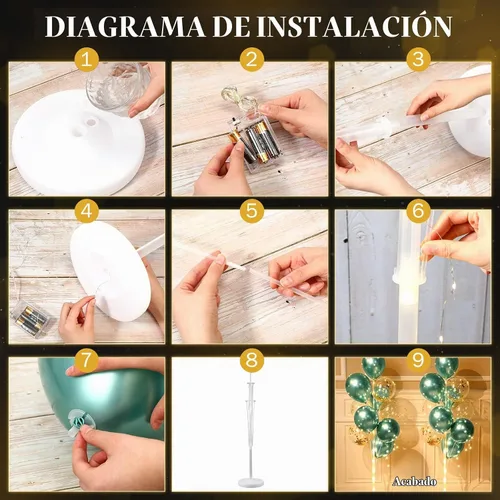 Vista 2 de Wettarn - Juego de 4 soportes para globos para suelo con luz LED, dorado y Oro y verde