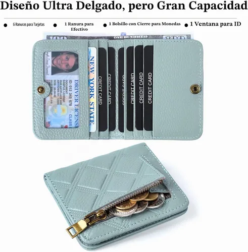 Vista 2 de Billetera para mujer, con bloqueo RFID, pequeña, compacta, plegable, de piel auténtica, con bolsillo, mini carteras para mujeres